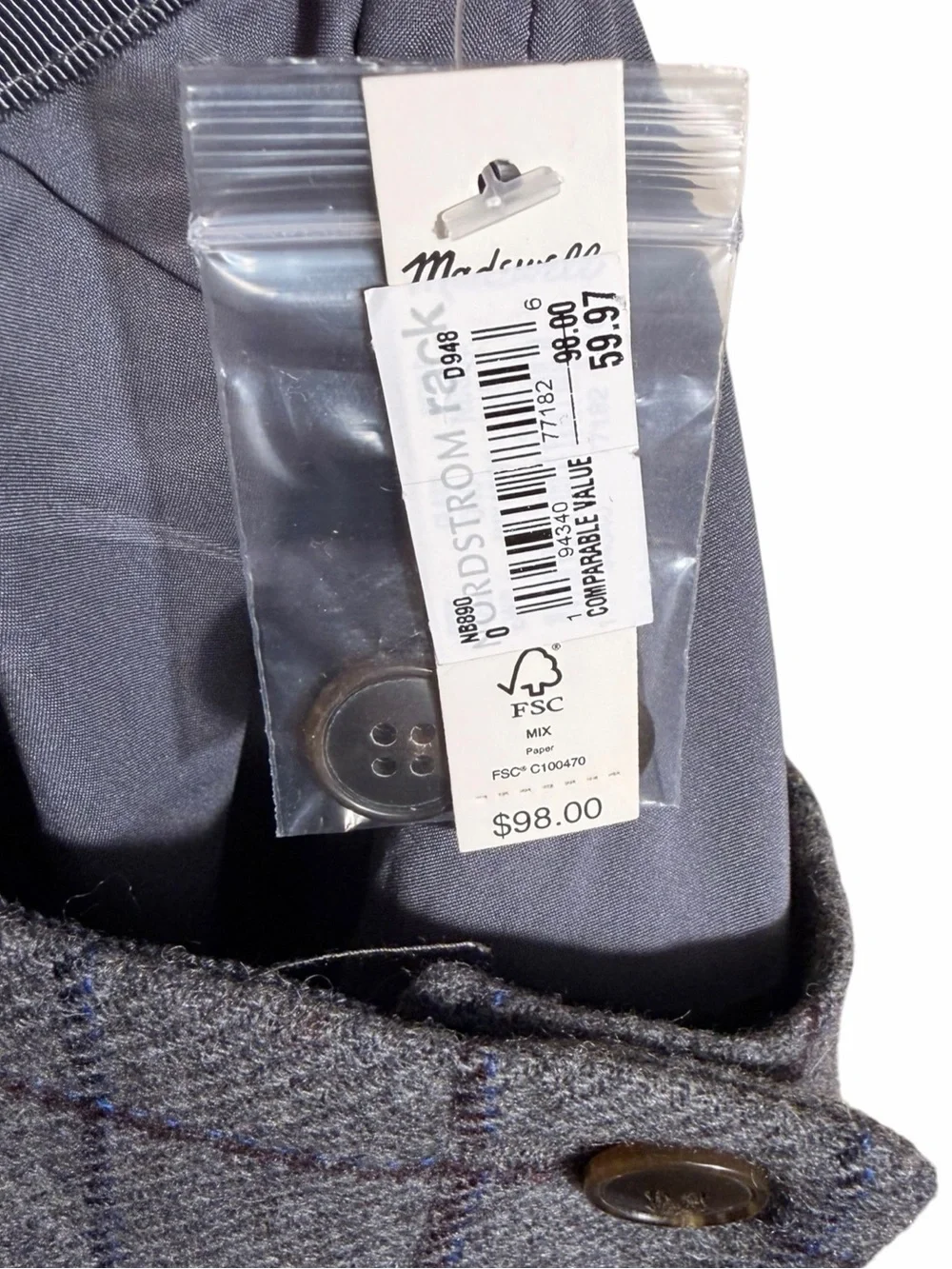Madewell Gray Windowpane Tweed Button-Front Mini Skirt Wool Blend